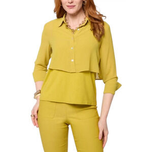 WynneLayers Women's Collared Long-Sleeve Cropped Shirt Chartreuse - Regular